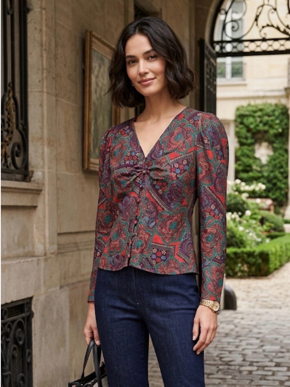 Veronica Beard Red and Green Paisley Blouse